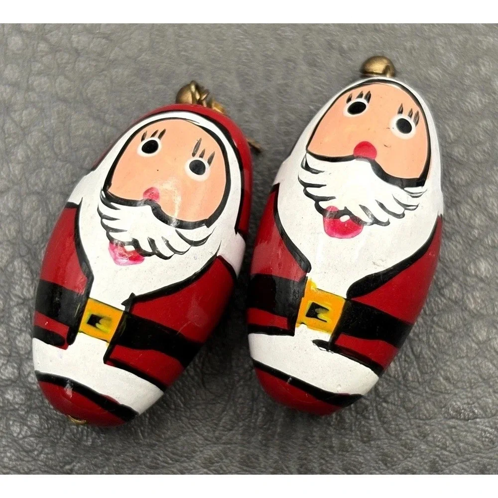 Vintage Santa Claus Enamel Painted Wood Christmas Earrings Drop Dangle Pair